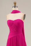 Fuchsia Sweetheart A Line Pleated Long Prom Dress with Sash