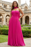 Fuchsia Sweetheart A Line Pleated Long Prom Dress with Sash