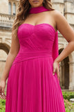 Fuchsia Pleated A Line Sweetheart Long Plus Size Prom Dress with Sash
