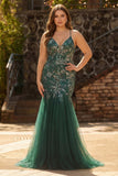Sparkly Dark Green Sheath Open Back Long Prom Dress with Sequins