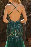Sparkly Dark Green Sheath Open Back Long Prom Dress with Sequins