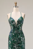 Sparkly Dark Green Sheath Open Back Long Prom Dress with Sequins