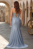 Grey Blue Mermaid Spaghetti Straps Appliqued Satin Long Prom Dress with Slit
