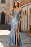 Grey Blue Mermaid Spaghetti Straps Appliqued Satin Long Prom Dress with Slit