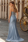 Grey Blue Mermaid Spaghetti Straps Appliqued Satin Long Prom Dress with Slit