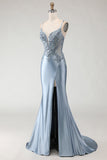 Grey Blue Mermaid Spaghetti Straps Appliqued Satin Long Prom Dress with Slit