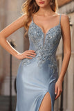 Grey Blue Mermaid Spaghetti Straps Appliqued Satin Long Prom Dress with Slit