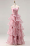 Dusty Rose Floral A Line Corset Tiered Ruffle Long Prom Dress with Slit
