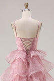 Dusty Rose Floral A Line Corset Tiered Ruffle Long Prom Dress with Slit