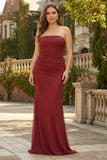 Strapless Red Mermaid Beaded Satin Long Prom Dress