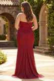 Strapless Red Mermaid Beaded Satin Long Prom Dress