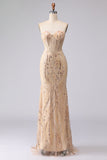 Champagne Mermaid Strapless Beaded Sequin Long Prom Dress with Lace Up Back