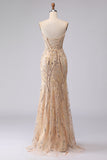 Champagne Mermaid Strapless Beaded Sequin Long Prom Dress with Lace Up Back