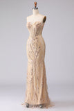 Champagne Mermaid Strapless Beaded Sequin Long Prom Dress with Lace Up Back