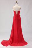 Red Mermaid Strapless Beaded Satin Long Prom Dress with Slit