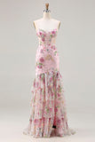 Pink Mermaid Sequin Floral Tiered Ruffle Long Prom Dress with Slit
