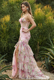Pink Mermaid Tiered Ruffle Sequin Long Floral Prom Dress with Slit