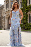 Pink Mermaid Sequin Floral Tiered Ruffle Long Prom Dress with Slit