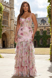 Pink Mermaid Sequin Floral Tiered Ruffle Long Prom Dress with Slit