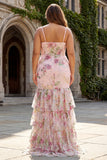 Pink Mermaid Sequin Floral Tiered Ruffle Long Prom Dress with Slit