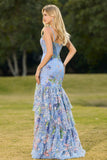 Blue Floral Tiered Ruffle Mermaid Sequin Long Prom Dress with Slit