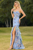 Blue Floral Tiered Ruffle Mermaid Sequin Long Prom Dress with Slit