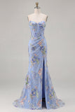 Sparkly Mermaid Strapless Corset Appliqued Sequin Pink Long Prom Dress with Slit