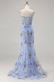 Sparkly Mermaid Strapless Corset Appliqued Sequin Pink Long Prom Dress with Slit