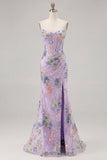 Sparkly Mermaid Strapless Corset Appliqued Sequin Pink Long Prom Dress with Slit