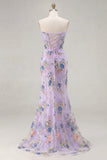Sparkly Mermaid Strapless Corset Appliqued Sequin Pink Long Prom Dress with Slit