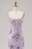 Sparkly Mermaid Strapless Corset Appliqued Sequin Pink Long Prom Dress with Slit