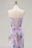 Sparkly Mermaid Strapless Corset Appliqued Sequin Pink Long Prom Dress with Slit
