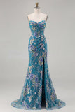 Sparkly Mermaid Strapless Corset Appliqued Sequin Pink Long Prom Dress with Slit