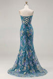 Sparkly Mermaid Strapless Corset Appliqued Sequin Pink Long Prom Dress with Slit