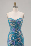 Sparkly Mermaid Strapless Corset Appliqued Sequin Pink Long Prom Dress with Slit