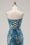 Sparkly Mermaid Strapless Corset Appliqued Sequin Pink Long Prom Dress with Slit
