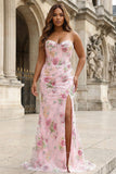Pink Mermaid Strapless Corset Floral Long Plus Size Prom Dress with Slit
