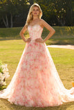 Pink A Line Beaded Strapless Corset Printed Floral Long Prom Dress with Ruffles