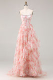 Pink A Line Beaded Strapless Corset Printed Floral Long Prom Dress with Ruffles