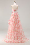 Pink A Line Beaded Strapless Corset Printed Floral Long Prom Dress with Ruffles