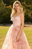 Pink A Line Beaded Strapless Corset Printed Floral Long Prom Dress with Ruffles