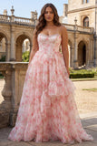 Pink Floral A Line Beaded Strapless Corset Printed Long Prom Dress with Ruffles