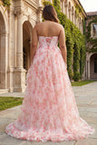 Pink Floral A Line Beaded Strapless Corset Printed Long Prom Dress with Ruffles