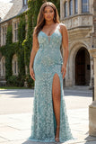 Grey Green Mermaid Beaded Backless Applique Long Prom Dress with Slit