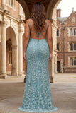 Grey Green Mermaid Beaded Backless Applique Long Prom Dress with Slit