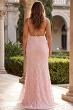 Grey Green Mermaid Beaded Backless Applique Long Prom Dress with Slit