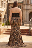 Brown Leopard Mermaid Sweetheart Lace Applique Long Prom Dress with Bow