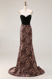Brown Leopard Mermaid Sweetheart Lace Applique Long Prom Dress with Bow