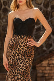 Brown Leopard Mermaid Sweetheart Lace Applique Long Prom Dress with Bow