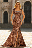 Mermaid Brown Leopard Beaded Strap Bows Printed Long Prom Dress with Slit